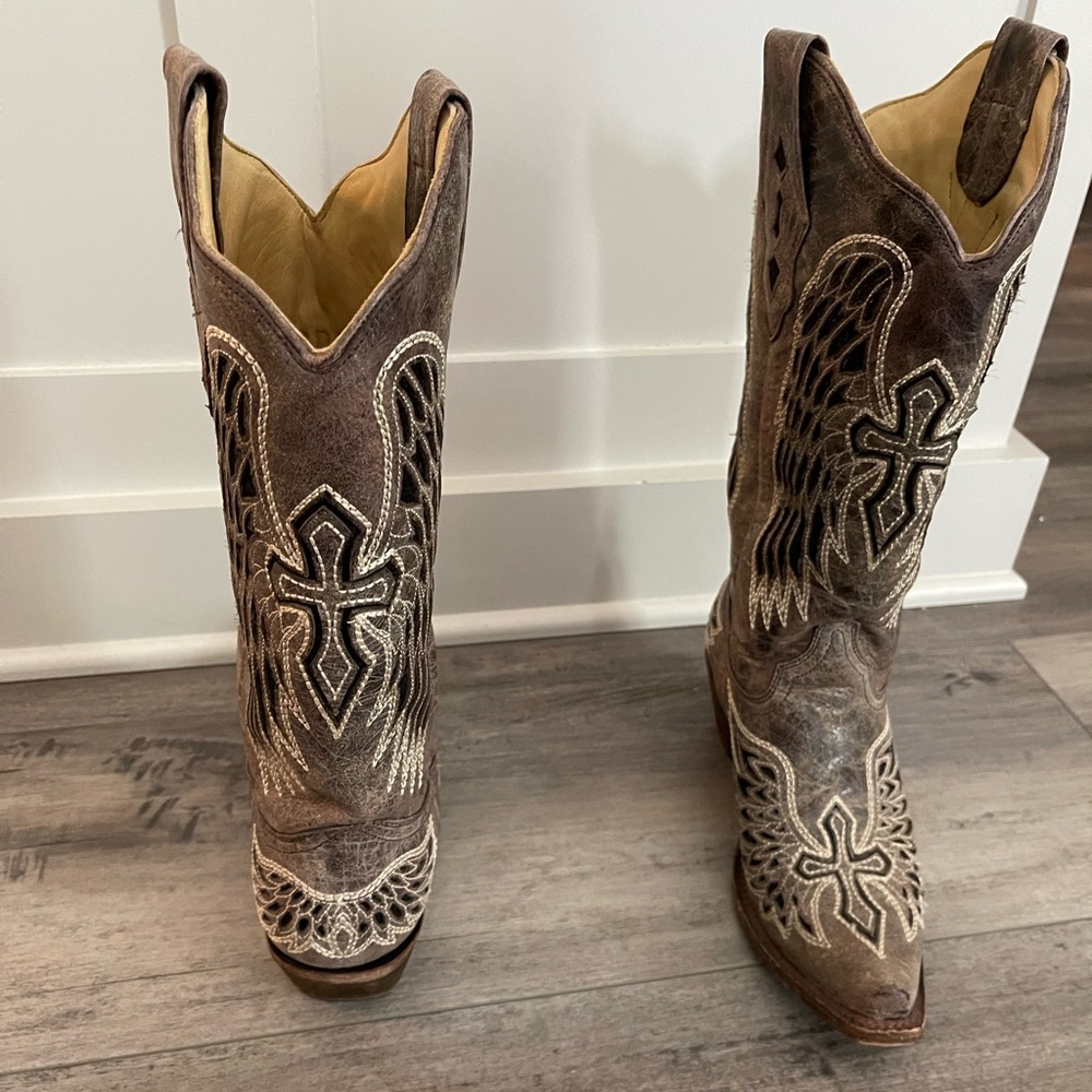 Corral cross and wing dress boots, gray-tan with black sequins, size 8